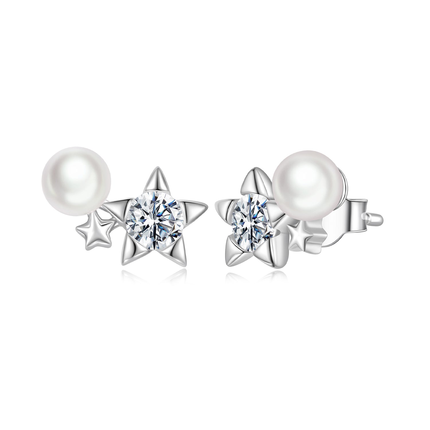 Five-Point Star Pearl & Moissanite Stud Earrings | Sterling Silver