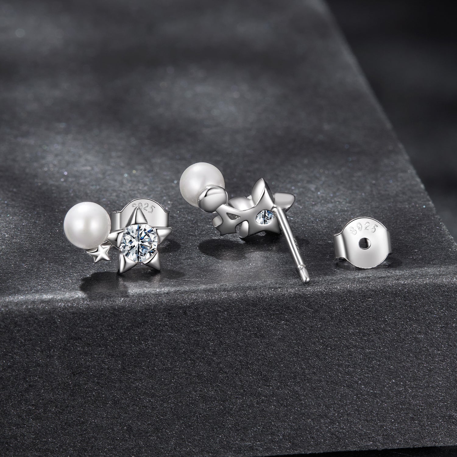 Five-Point Star Pearl & Moissanite Stud Earrings | Sterling Silver