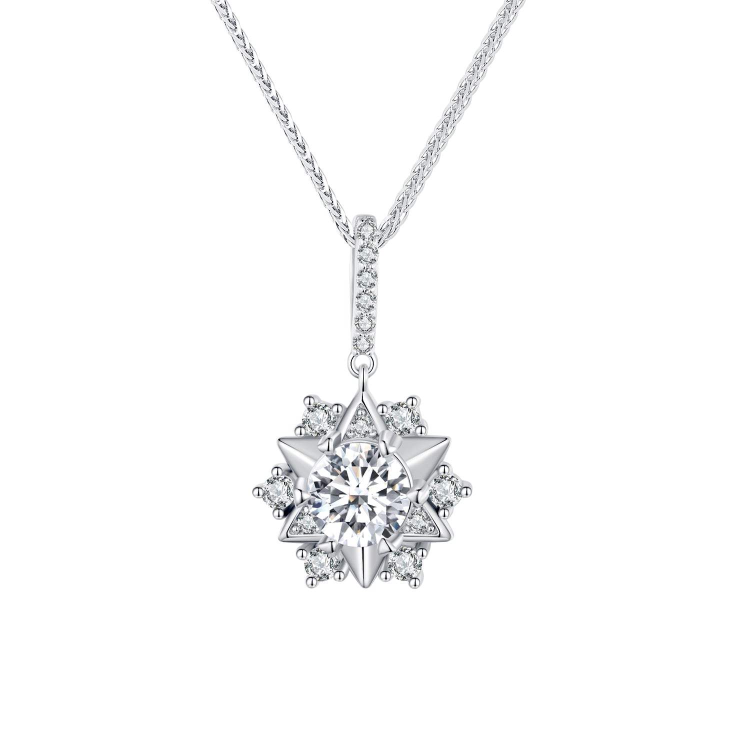 Sparkling Snowflake Moissanite Pendant Necklace | Halo in Sterling Silver