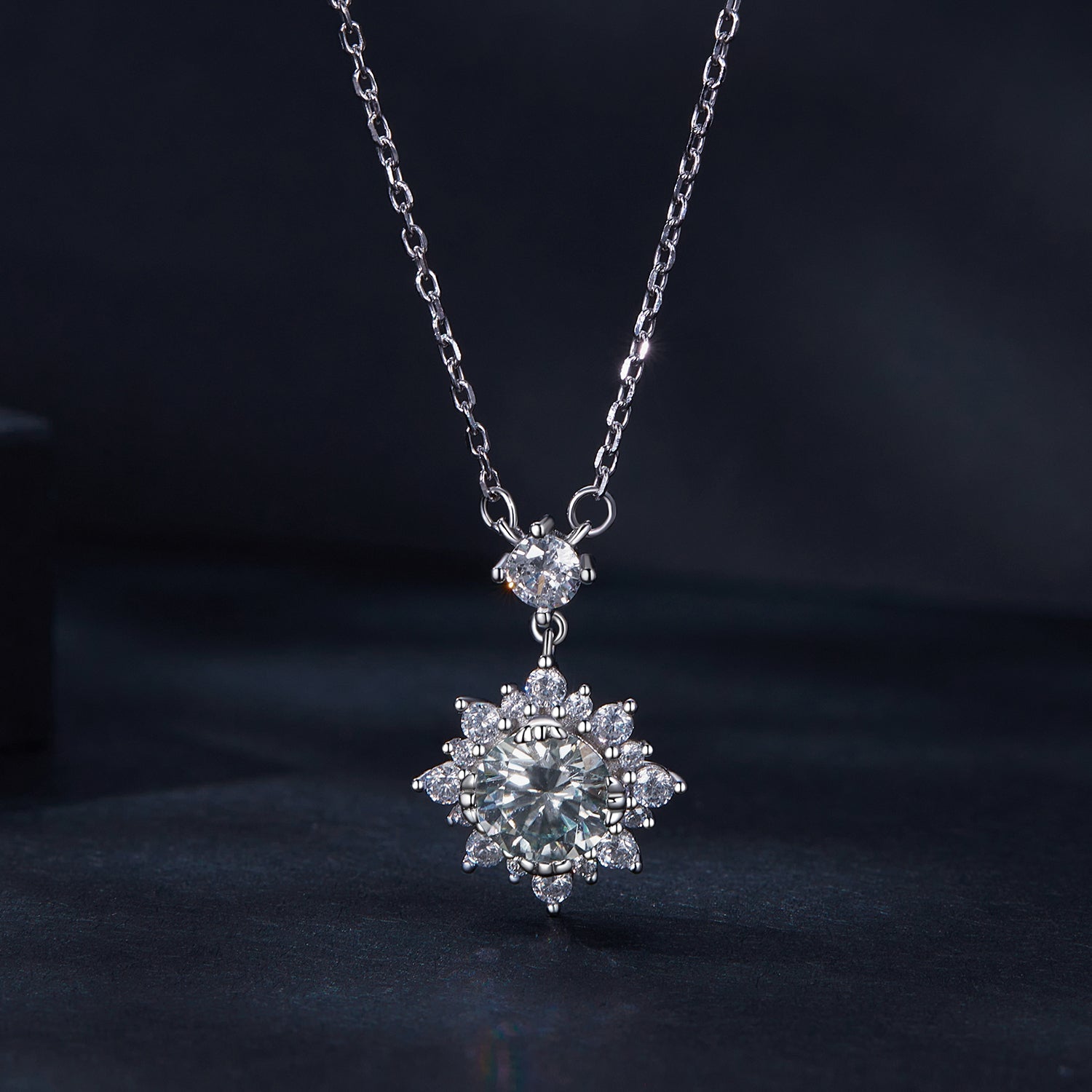 Radiant Sunflower Halo Moissanite Pendant Necklace | Sterling Silver