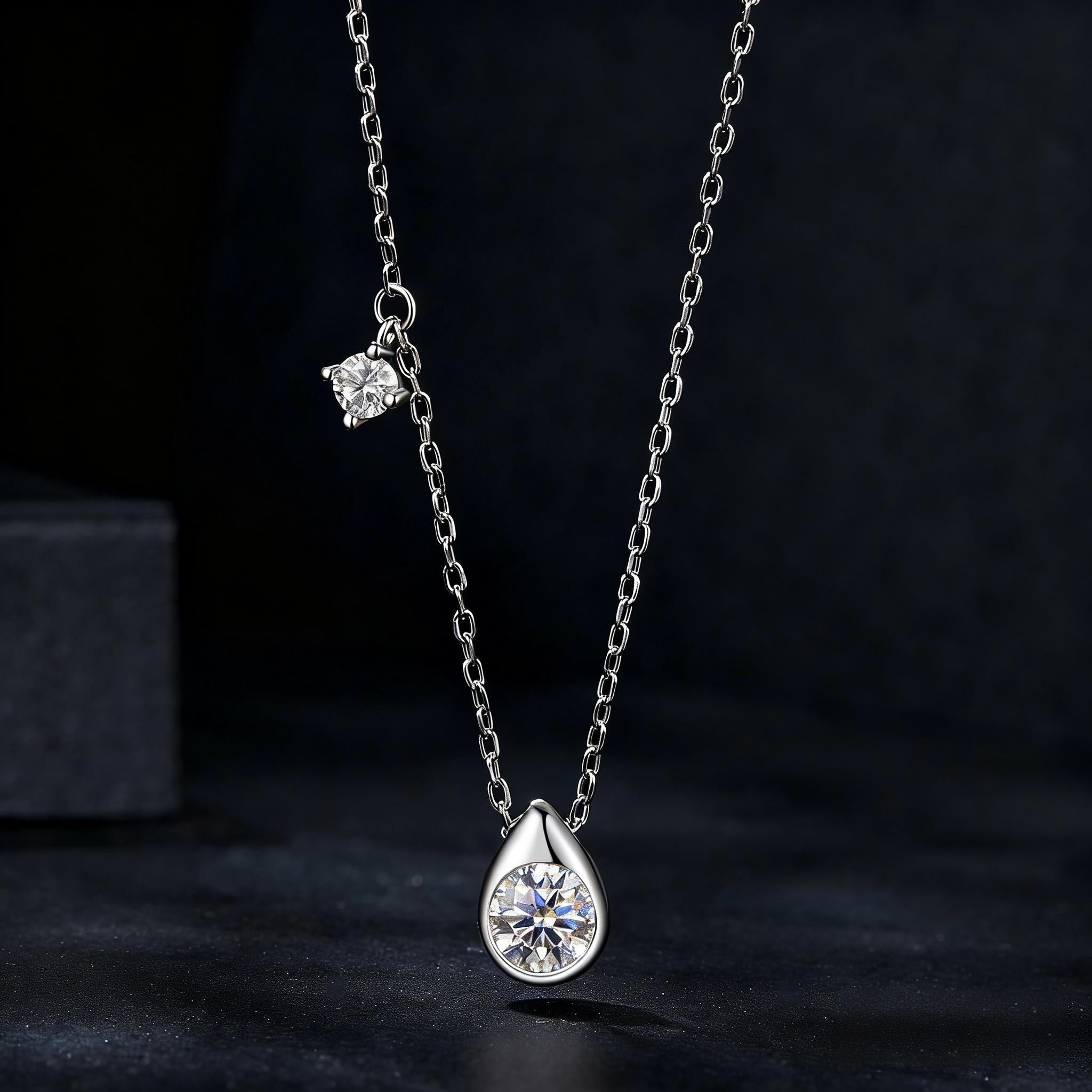 Teardrop Bezel-Set Moissanite Asymmetric Necklace | Sterling Silver