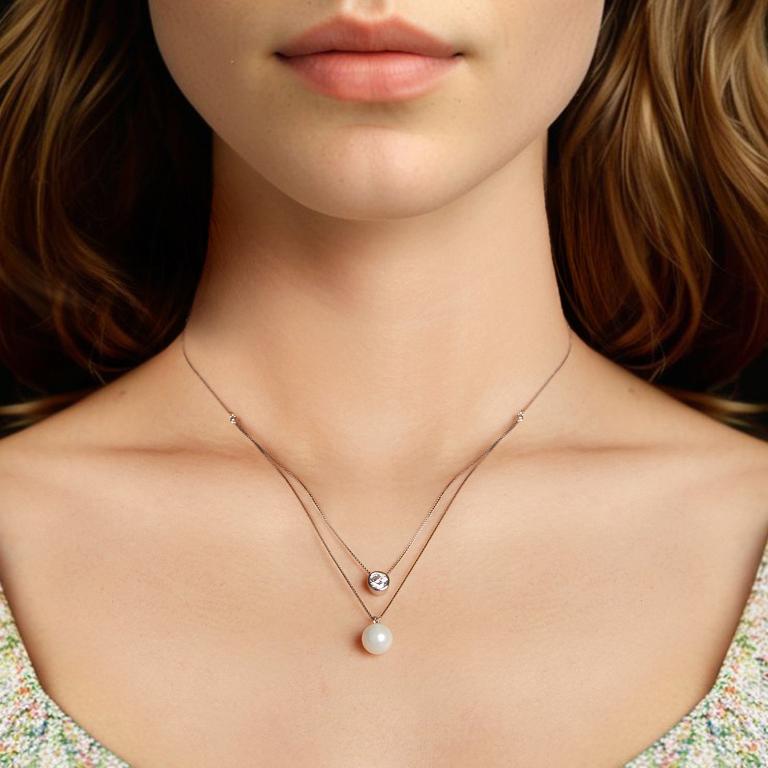 Double Layer Pearl & Moissanite Necklace | Sterling Silver