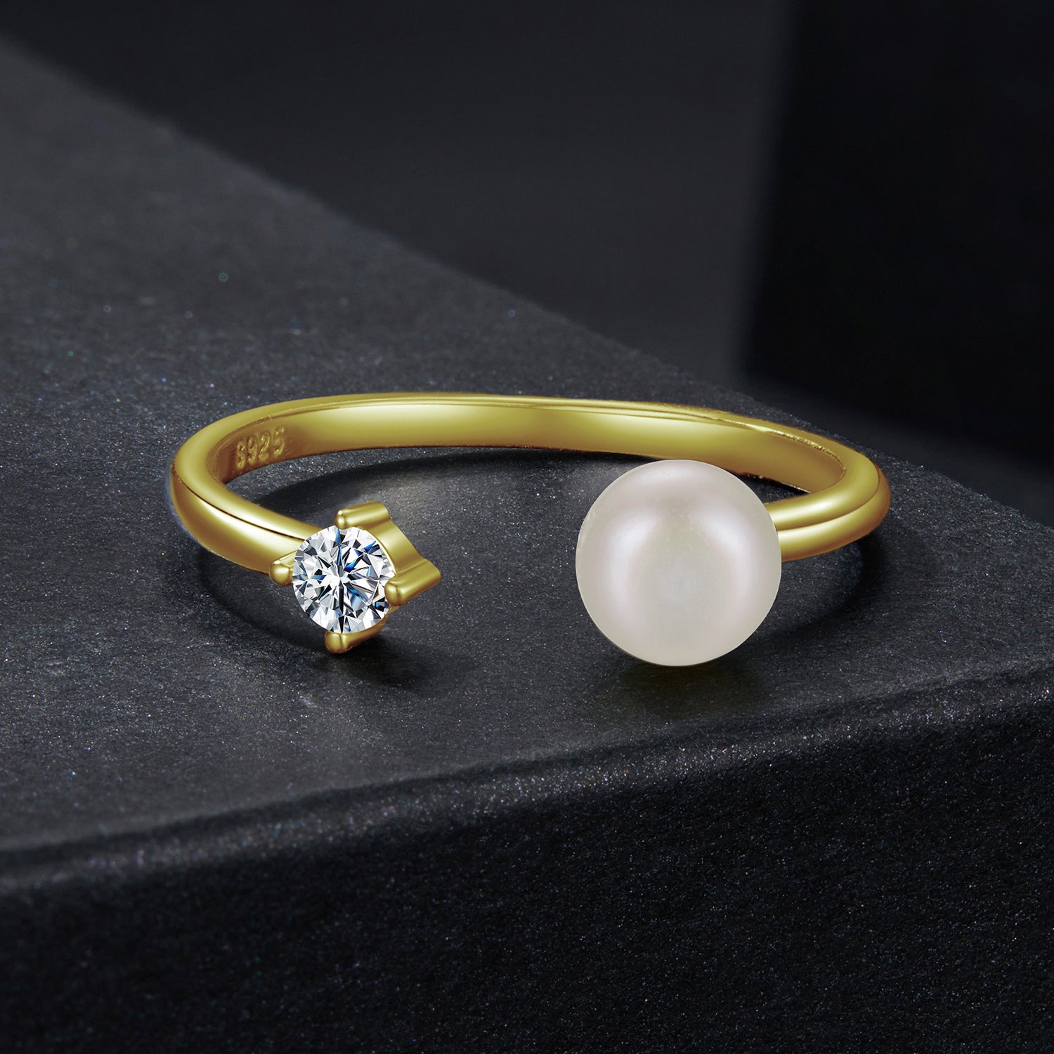 Adjustable Open Pearl & Moissanite Ring | Sterling Silver