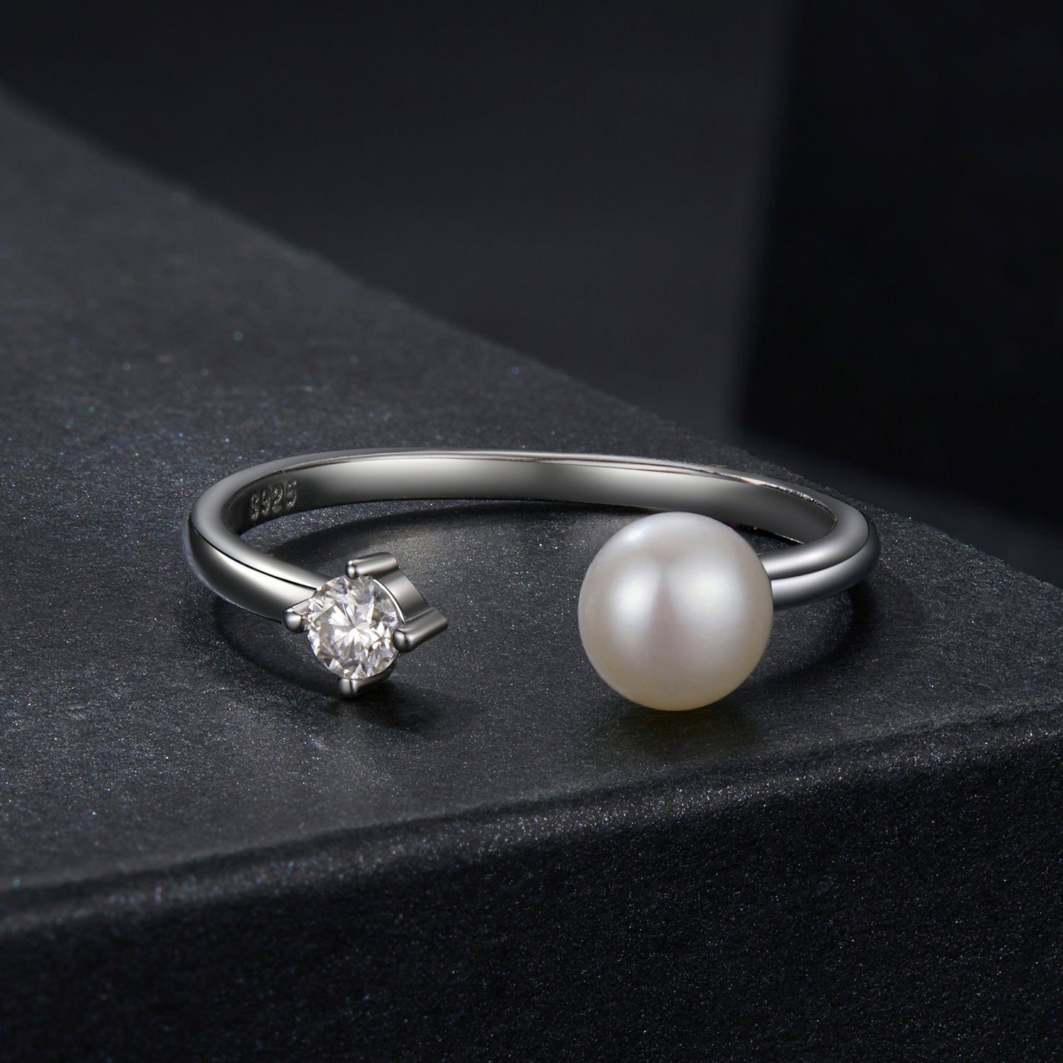 Adjustable Open Pearl & Moissanite Ring | Sterling Silver