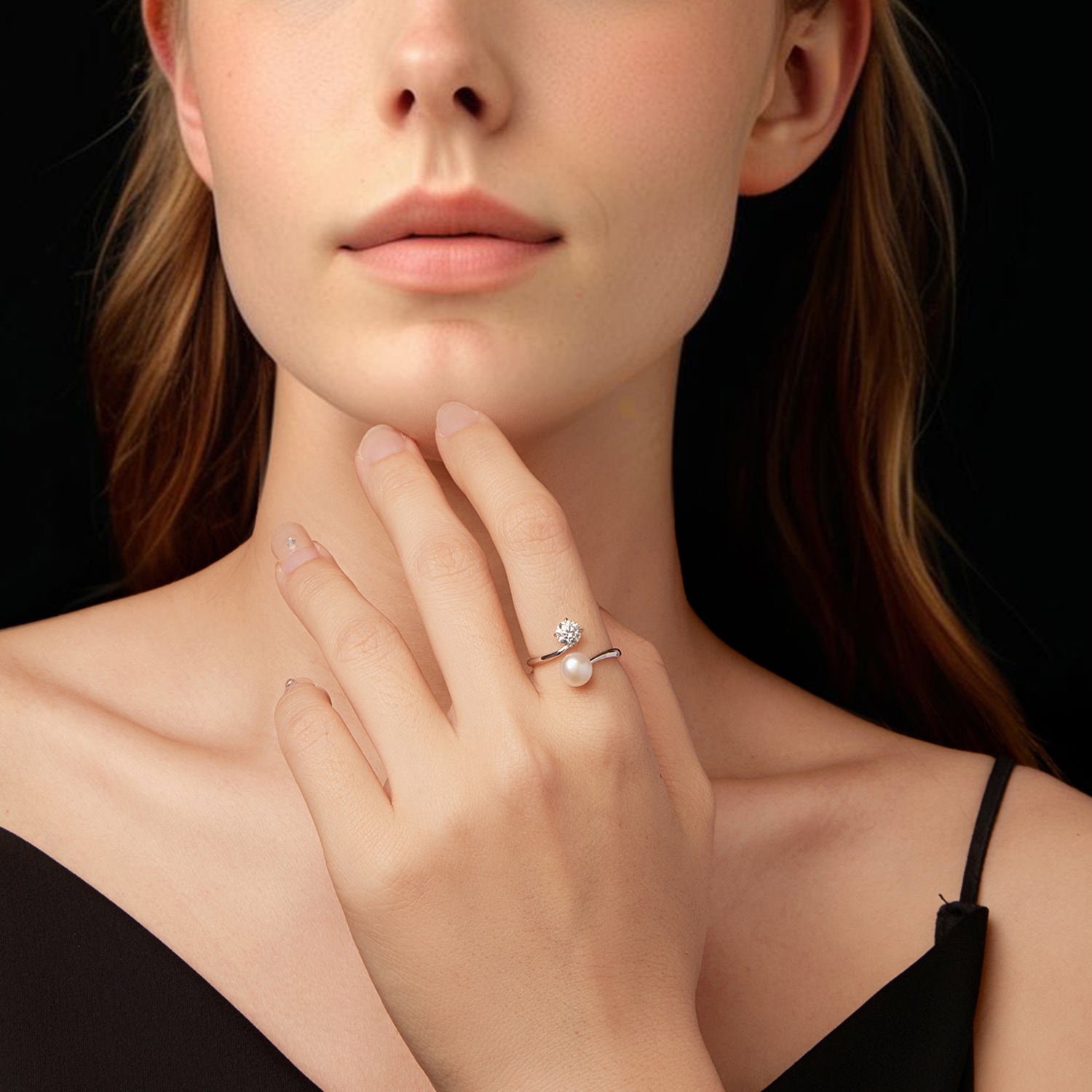 Pearl & Moissanite Open Ring | Adjustable in Sterling Silver