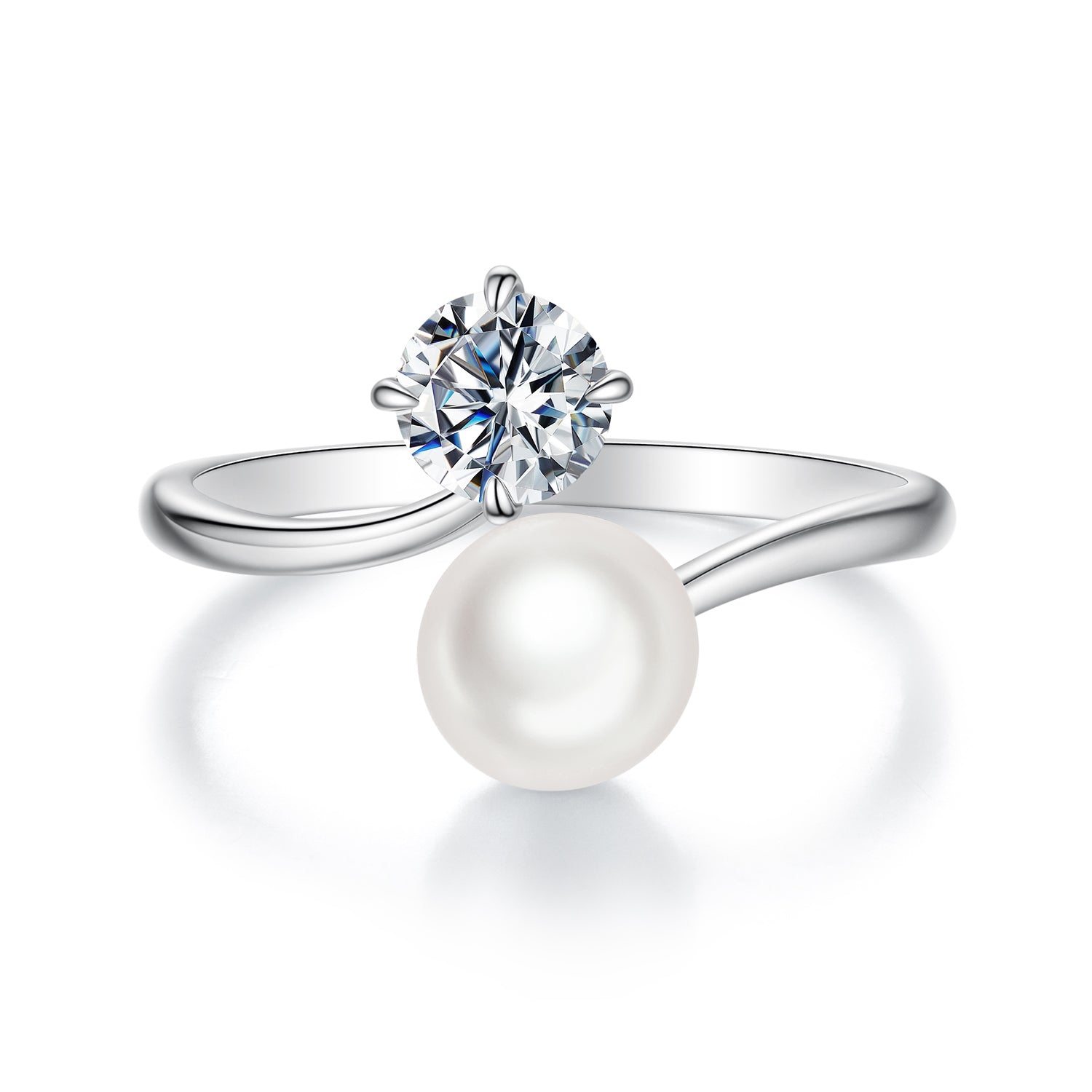 Pearl & Moissanite Open Ring | Adjustable in Sterling Silver