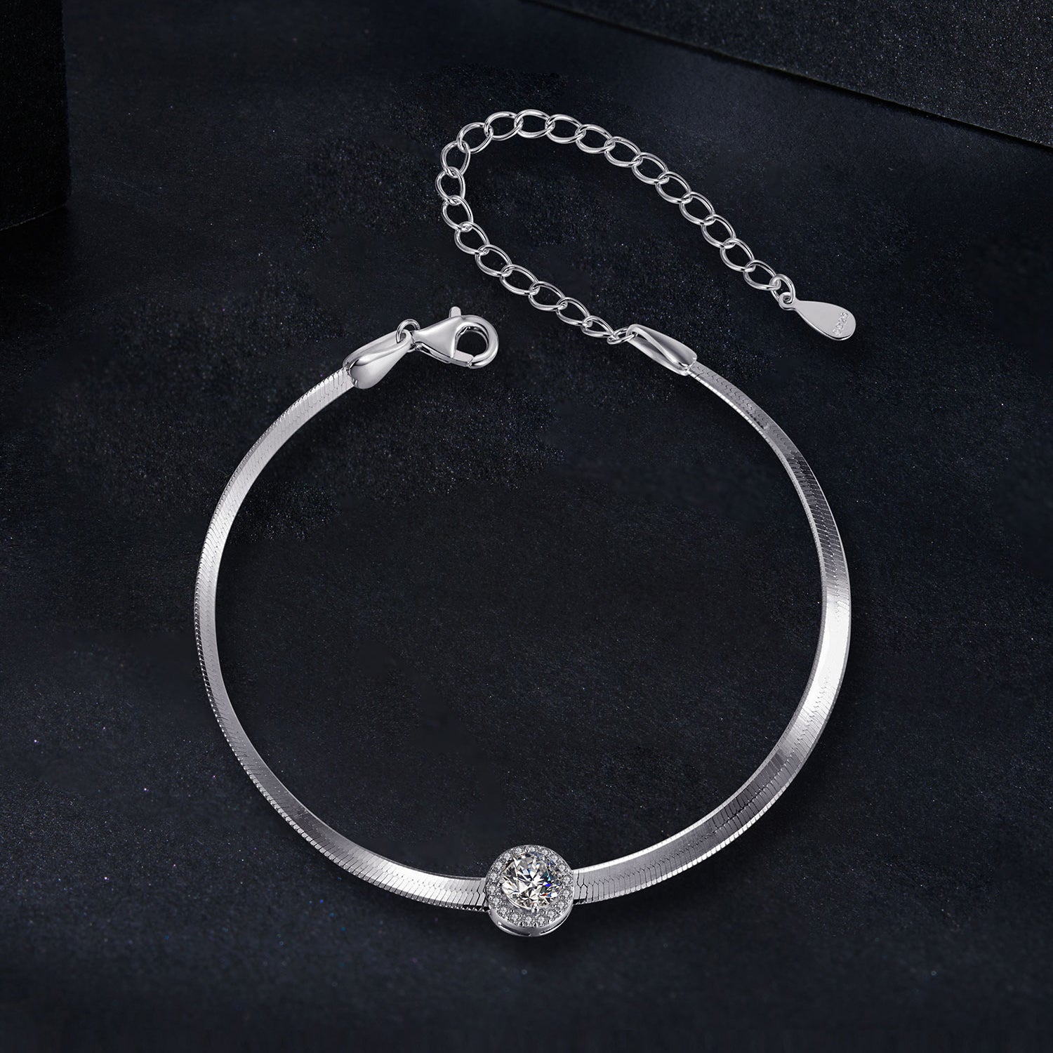 Round Halo Moissanite Bracelet | Snake Chain in Sterling Silver