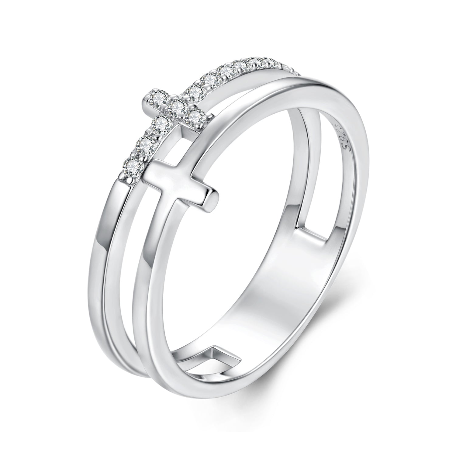 Cross Double-Band Ring | Pavé in Sterling Silver