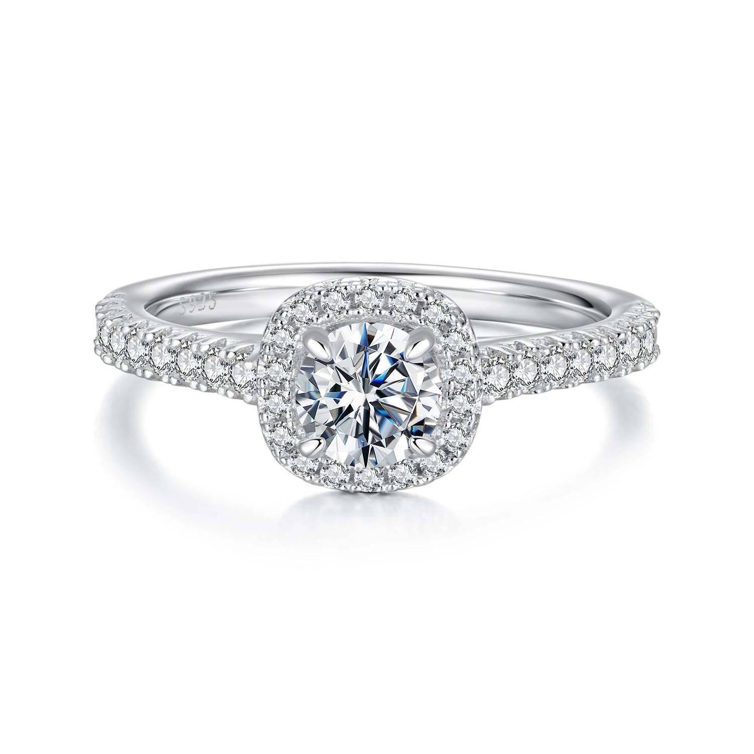 Halo Moissanite Engagement Ring | Pavé Band in Sterling Silver