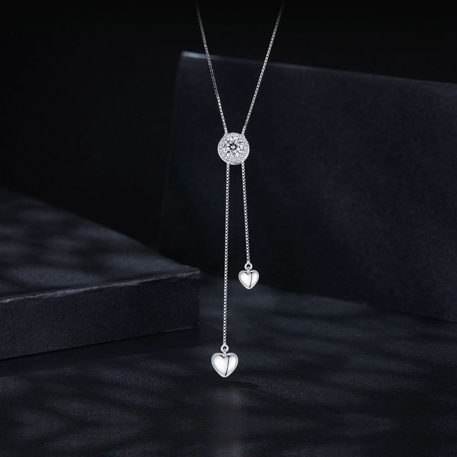 Romantic Hearts Halo Moissanite Y-Necklace | Sterling Silver