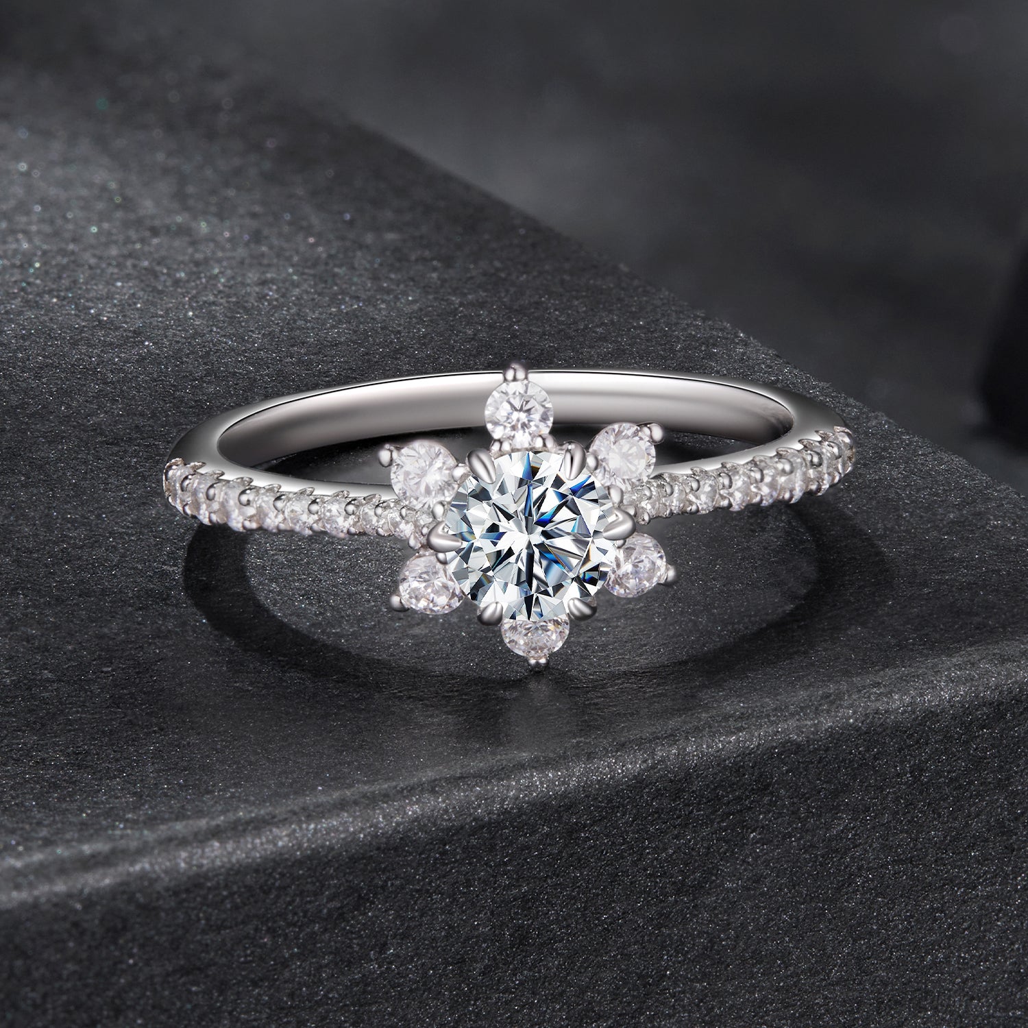 Snowflake Moissanite Ring | Pavé Band in Sterling Silver