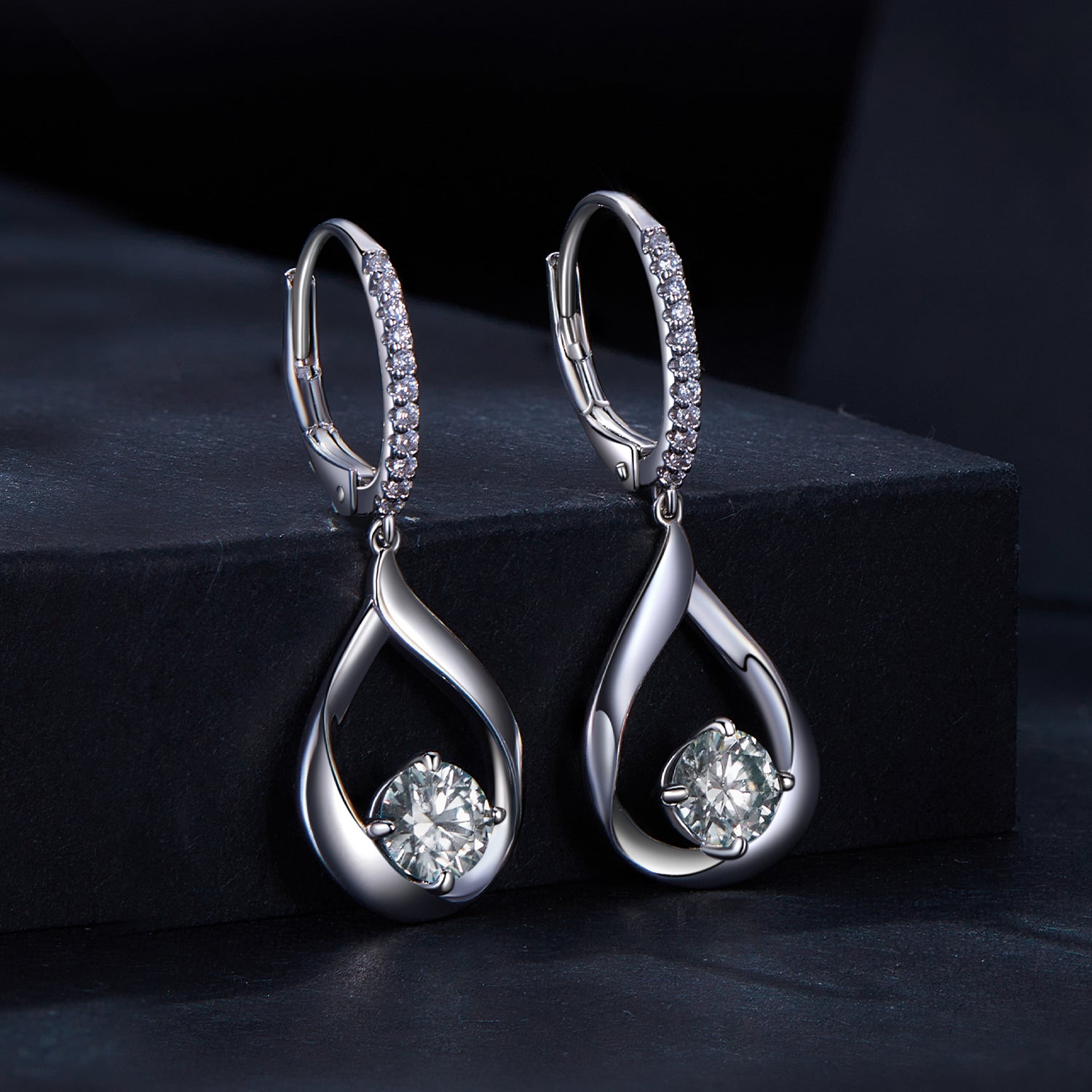 Eternal Teardrop Dancing Moissanite Drop Earrings | Leverback in Sterling Silver