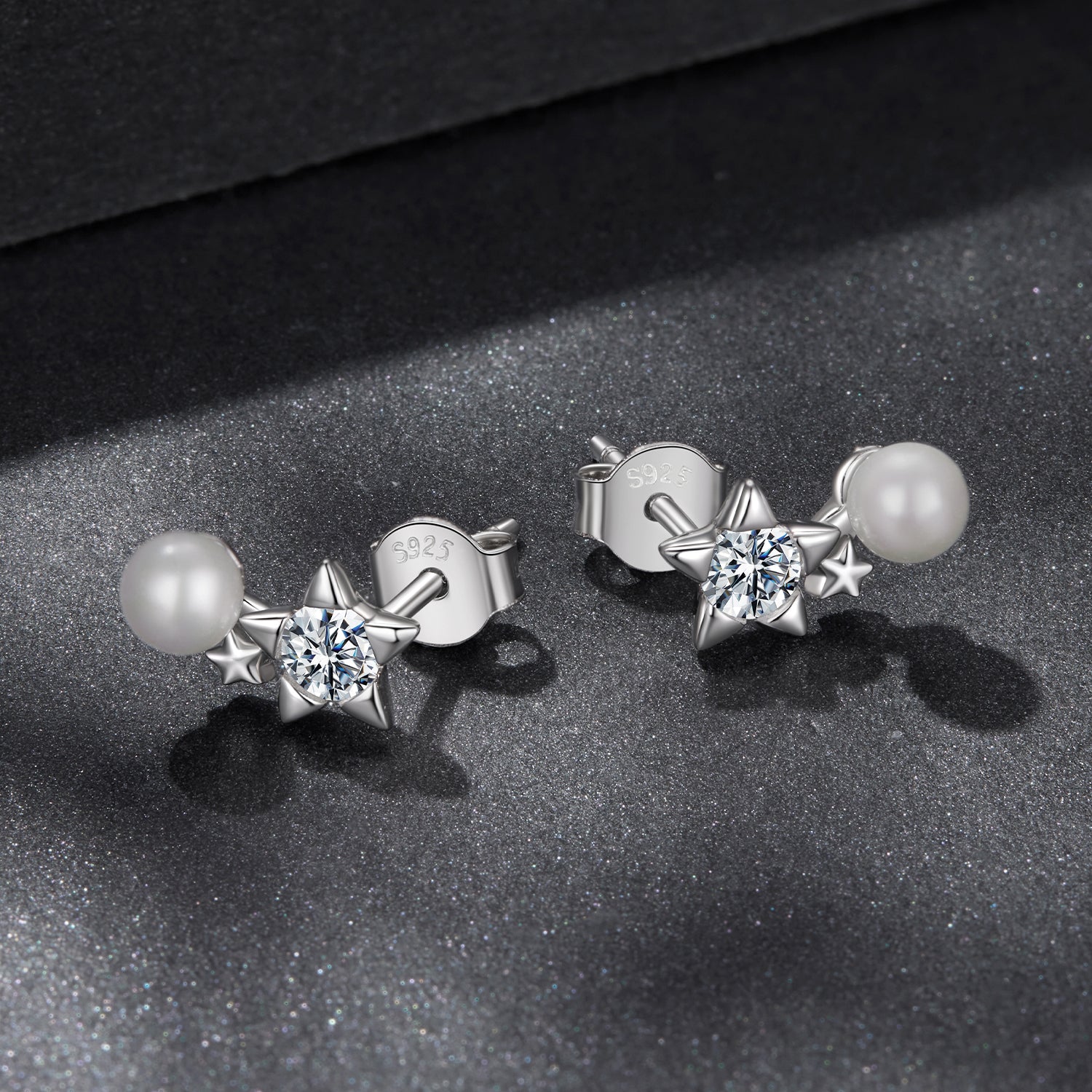 Five-Point Star Pearl & Moissanite Stud Earrings | Sterling Silver