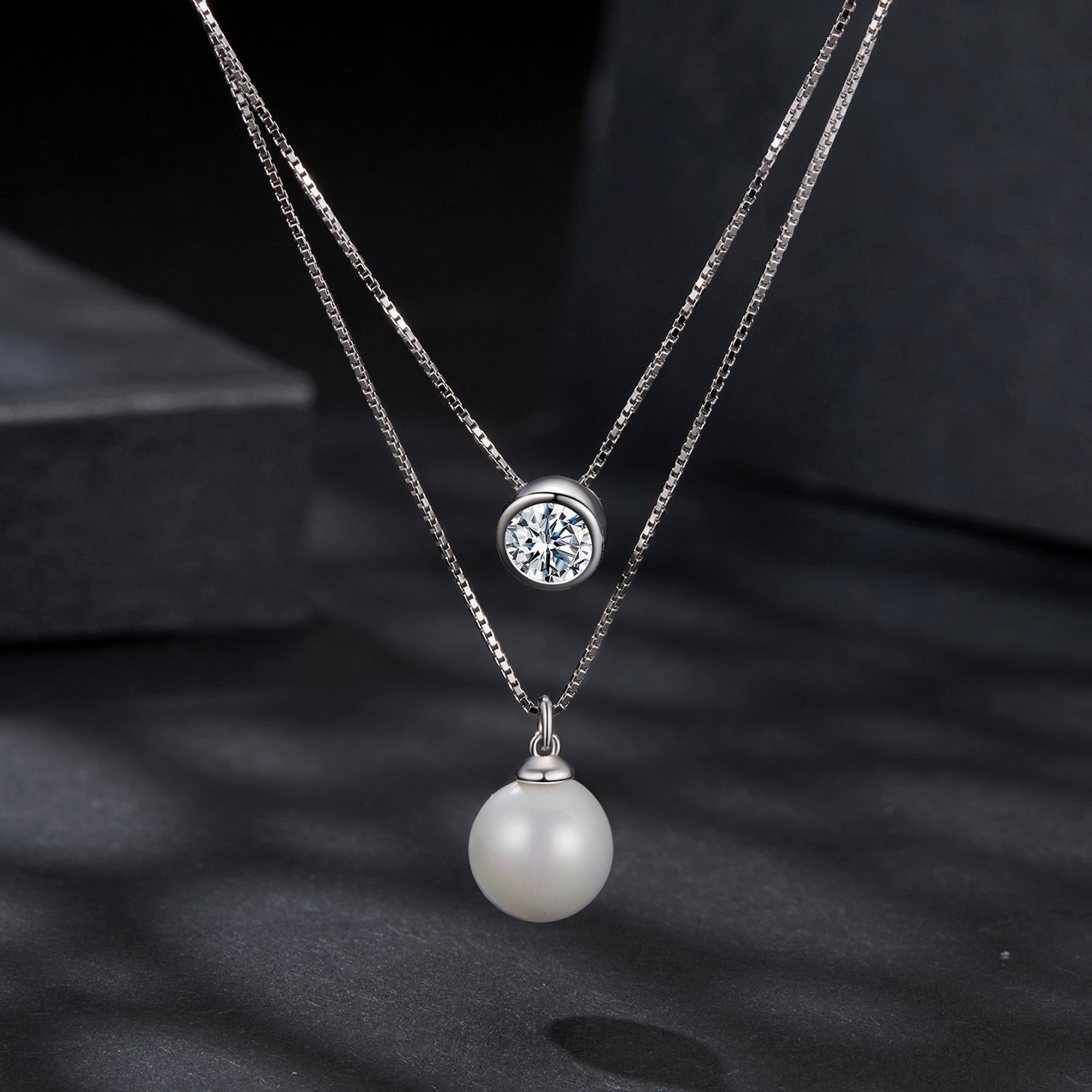 Double Layer Pearl & Moissanite Necklace | Sterling Silver