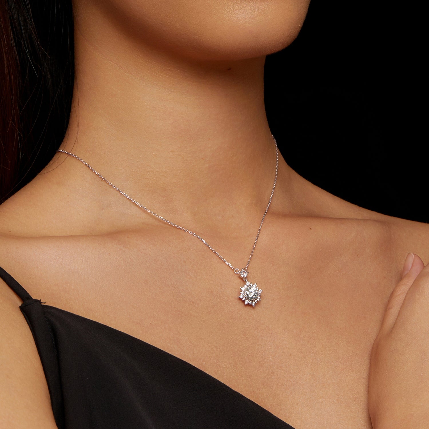 Radiant Sunflower Halo Moissanite Pendant Necklace | Sterling Silver