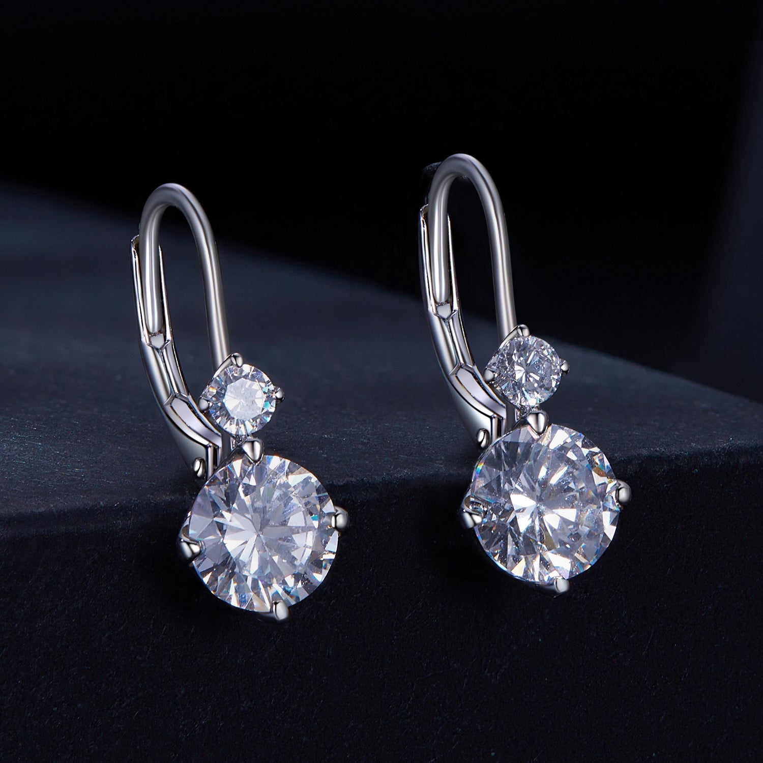 Elegant Two-Stone Drop Moissanite Earrings | Leverback in Sterling Silver