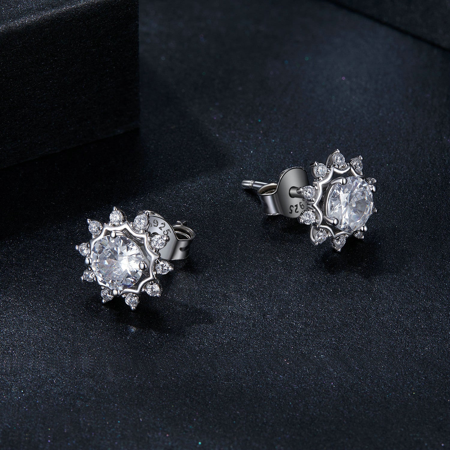 Radiant Sunflower Snowflake Halo Moissanite Stud Earrings | Sterling Silver