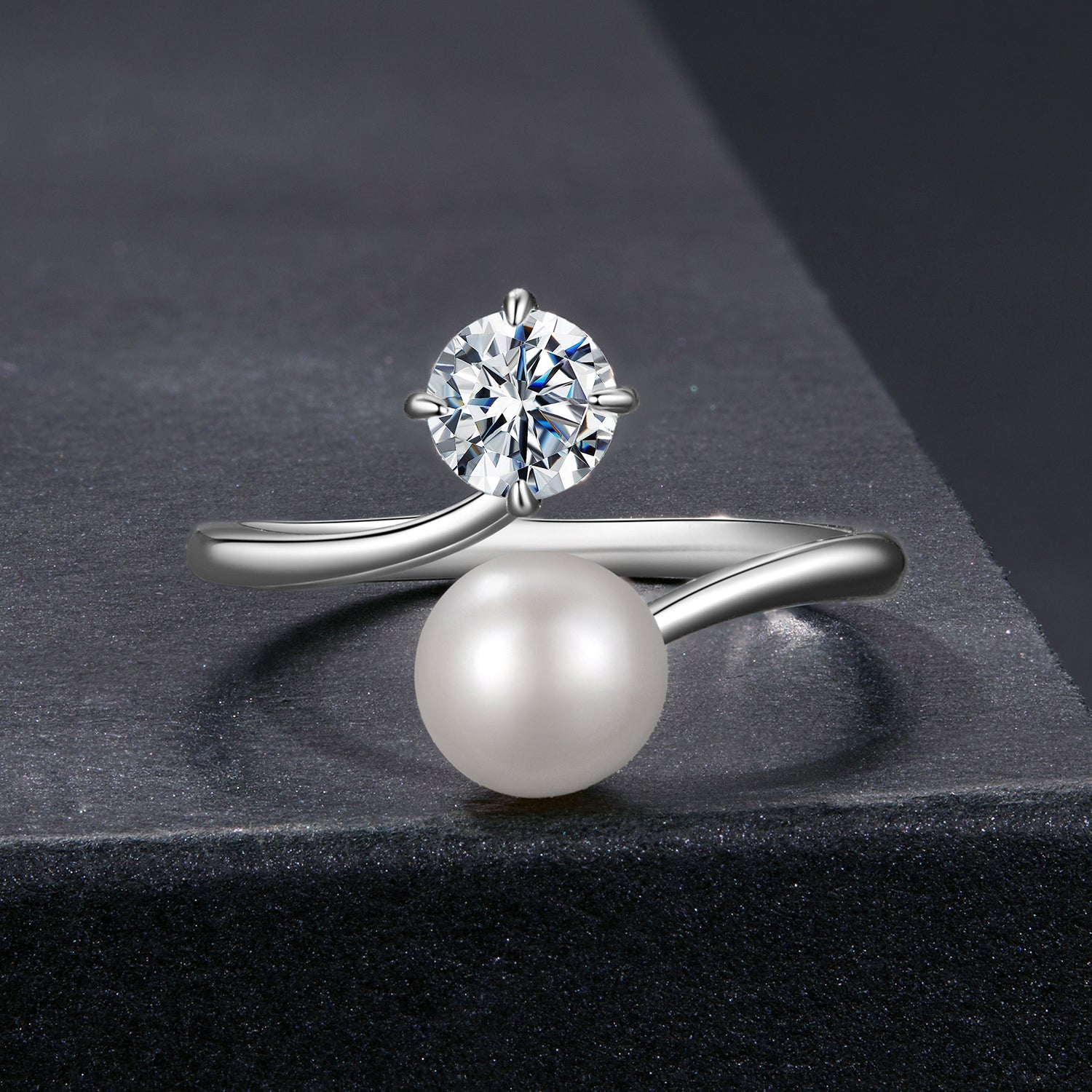 Pearl & Moissanite Open Ring | Adjustable in Sterling Silver