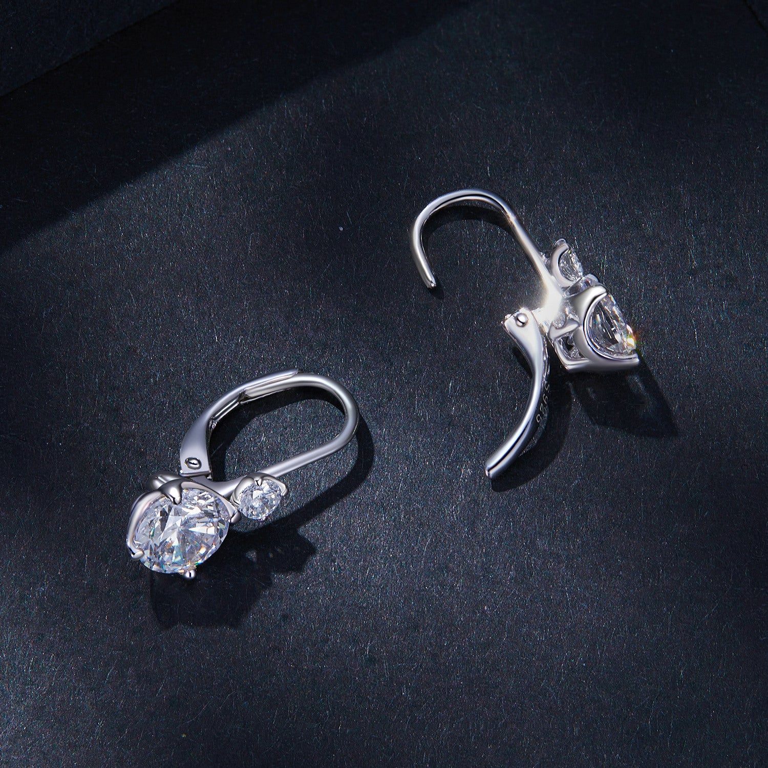 Elegant Two-Stone Drop Moissanite Earrings | Leverback in Sterling Silver