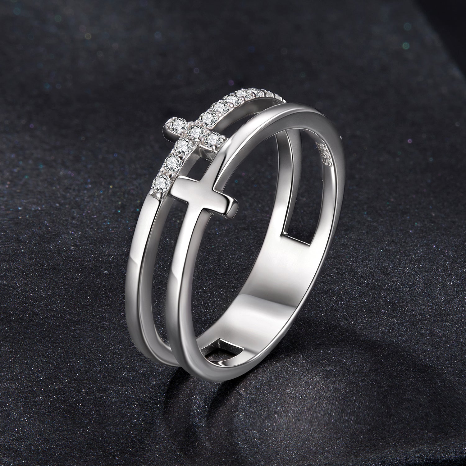 Cross Double-Band Ring | Pavé in Sterling Silver