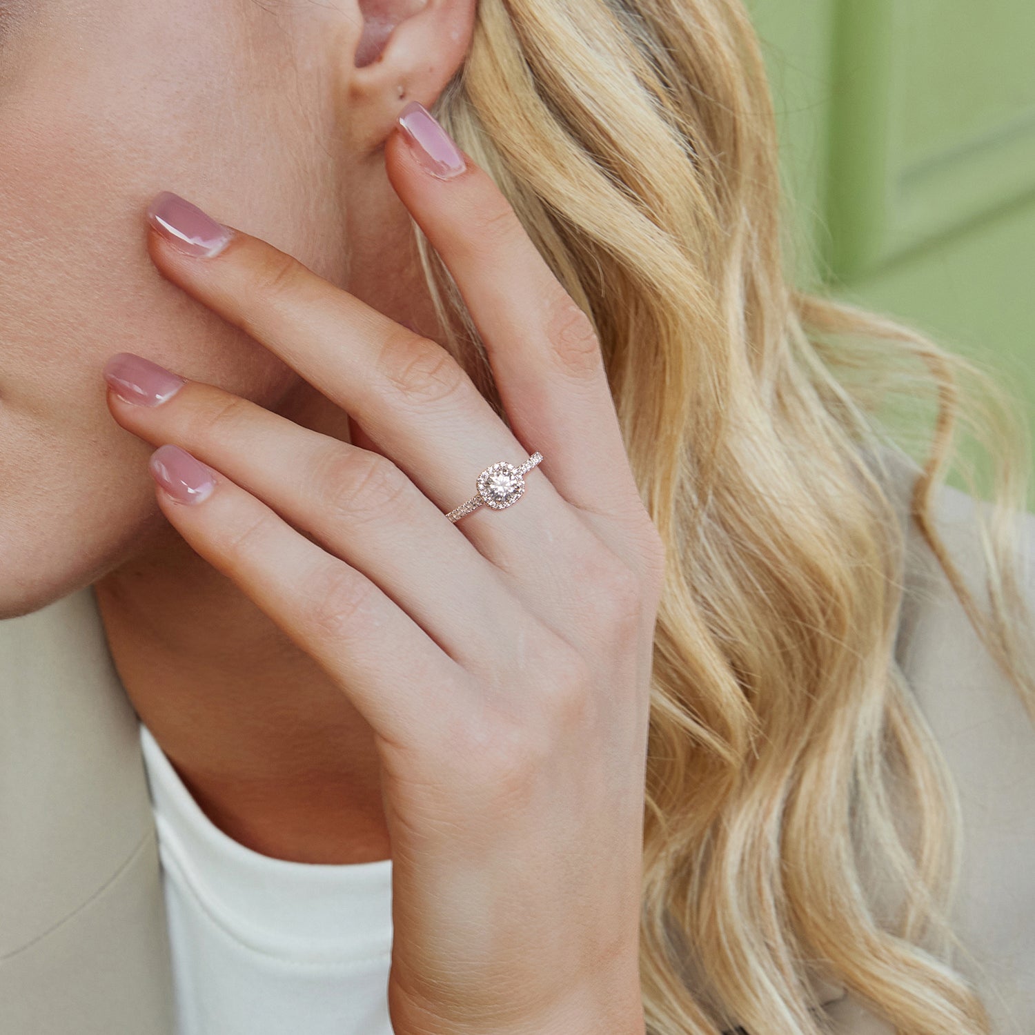 Halo Moissanite Engagement Ring | Pavé Band in Sterling Silver