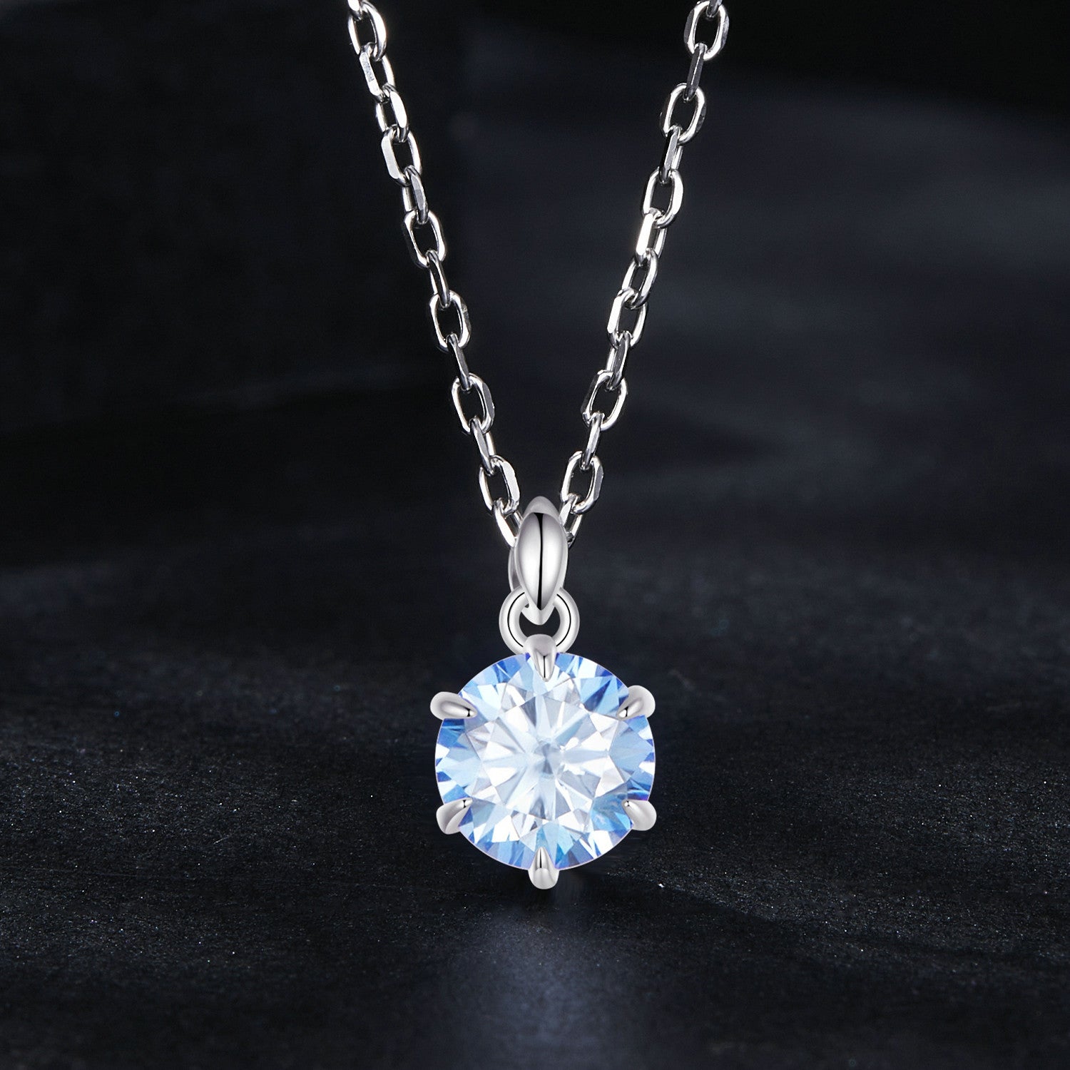 Sky Blue Round Moissanite Solitaire Necklace | Sterling Silver